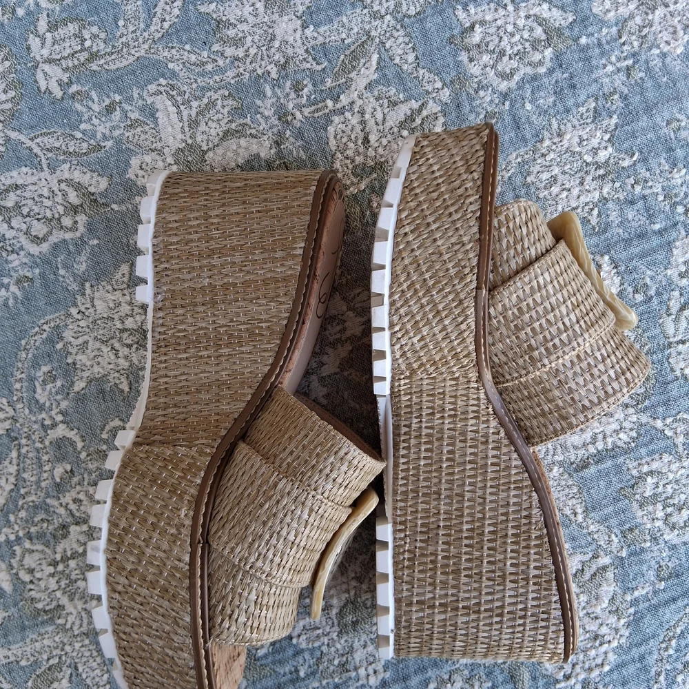 Sam Edelman Raffia Platform Slides 9 Woven Buckle Chunky Sandals Boho Festival - Picture 9 of 17